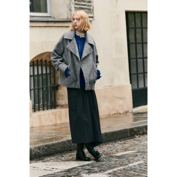 Zara Boucle Coat Gray Women’s Medium Oversized Peacoat Textured - Picture 2 of 13